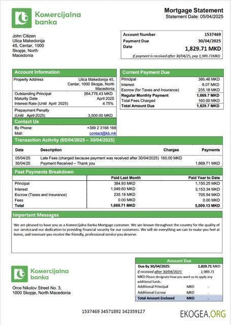 Modèle Word et PDF de relevé hypothécaire de la Komercijalna Banka de Macédoine du Nord